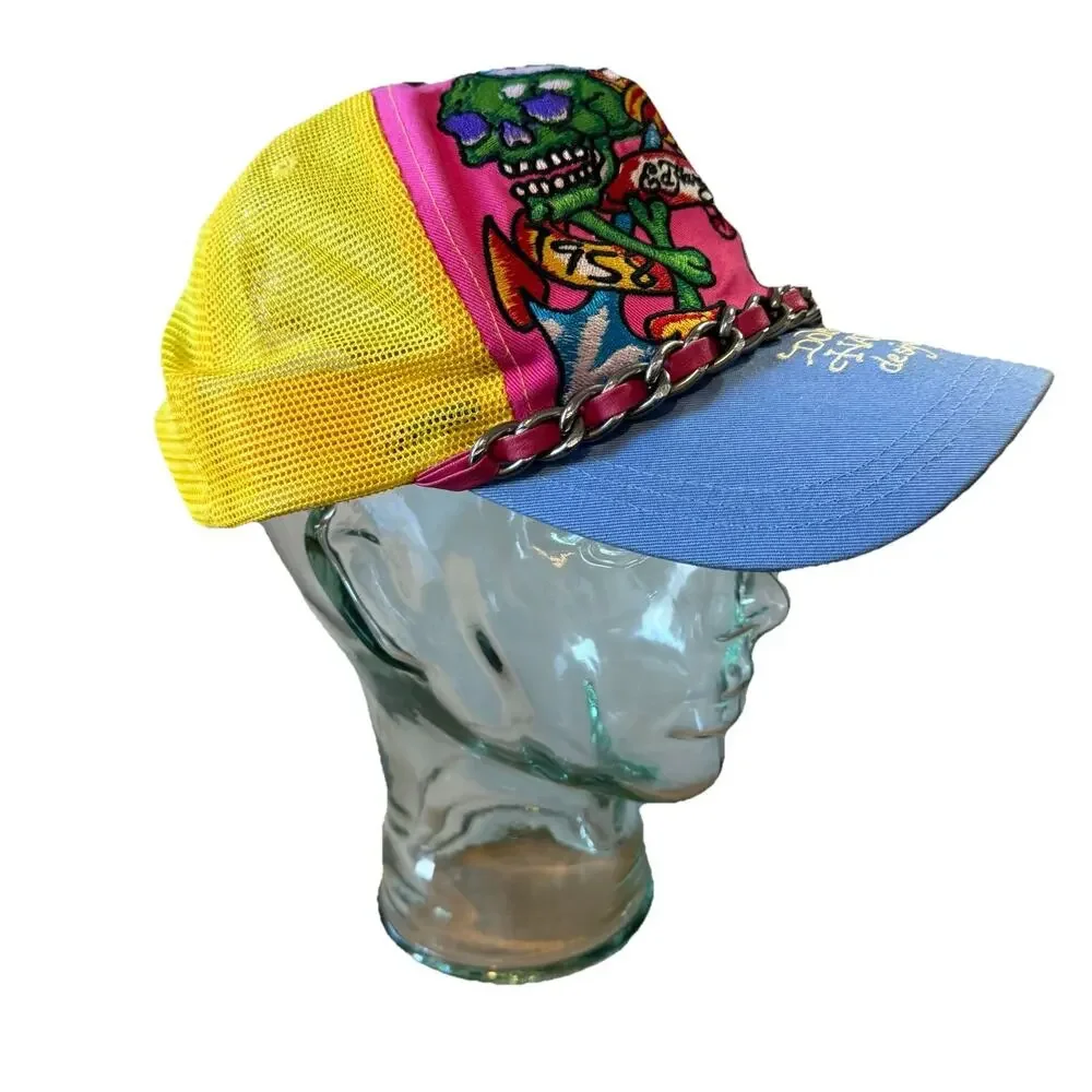 Ed Hardy for the World Hat Snap Back Blue Yellow Trucker Christian Audigier VTG